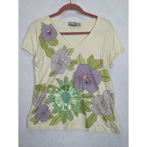 Caribbean Joe Floral Embellished T-Shirt Ribbon Button Accents Size M - £11.57 GBP