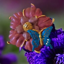 Animated Butterfly Brooch Hibiscus Pin Enameled Enameled Gold Tone Cotta... - £19.44 GBP