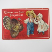 Thanksgiving Postcard Wild Turkey Boy &amp; Girl Clapsaddle Embossed Antique 1909 - £7.82 GBP