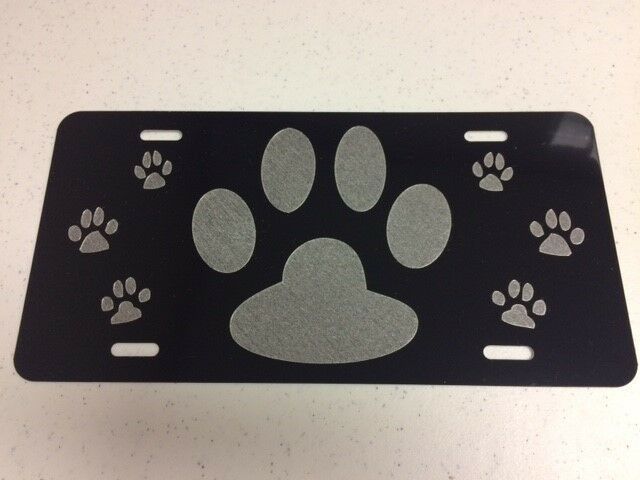 Dog Paw Print Car Tag Diamond Etched on Aluminum License Plate
