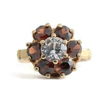 Vintage 1960&#39;s Garnet CZ Halo Flower Cluster Ring 14K Yellow Gold, 2.85 Gr - $395.00