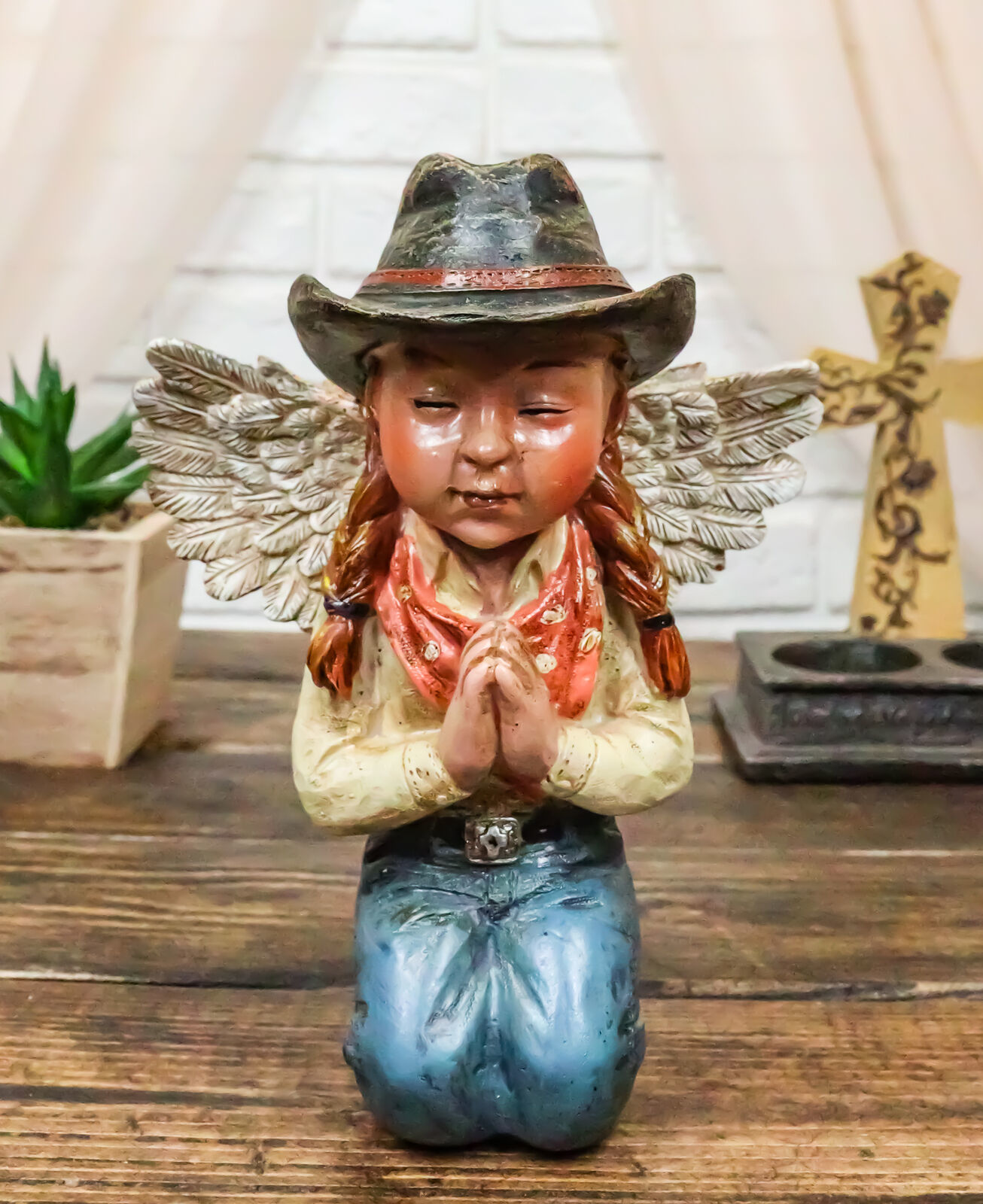 Rustic Western Cowgirl Angel Wearing Hat And Jean Praying On Her Knees F... - $23.99