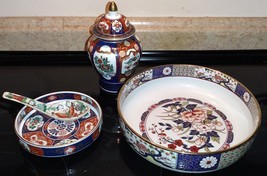 Japanese Imari Hand Painted Porcelain Large/Small Bowl Spoon &amp; Lidded Jar 4pc - £58.72 GBP