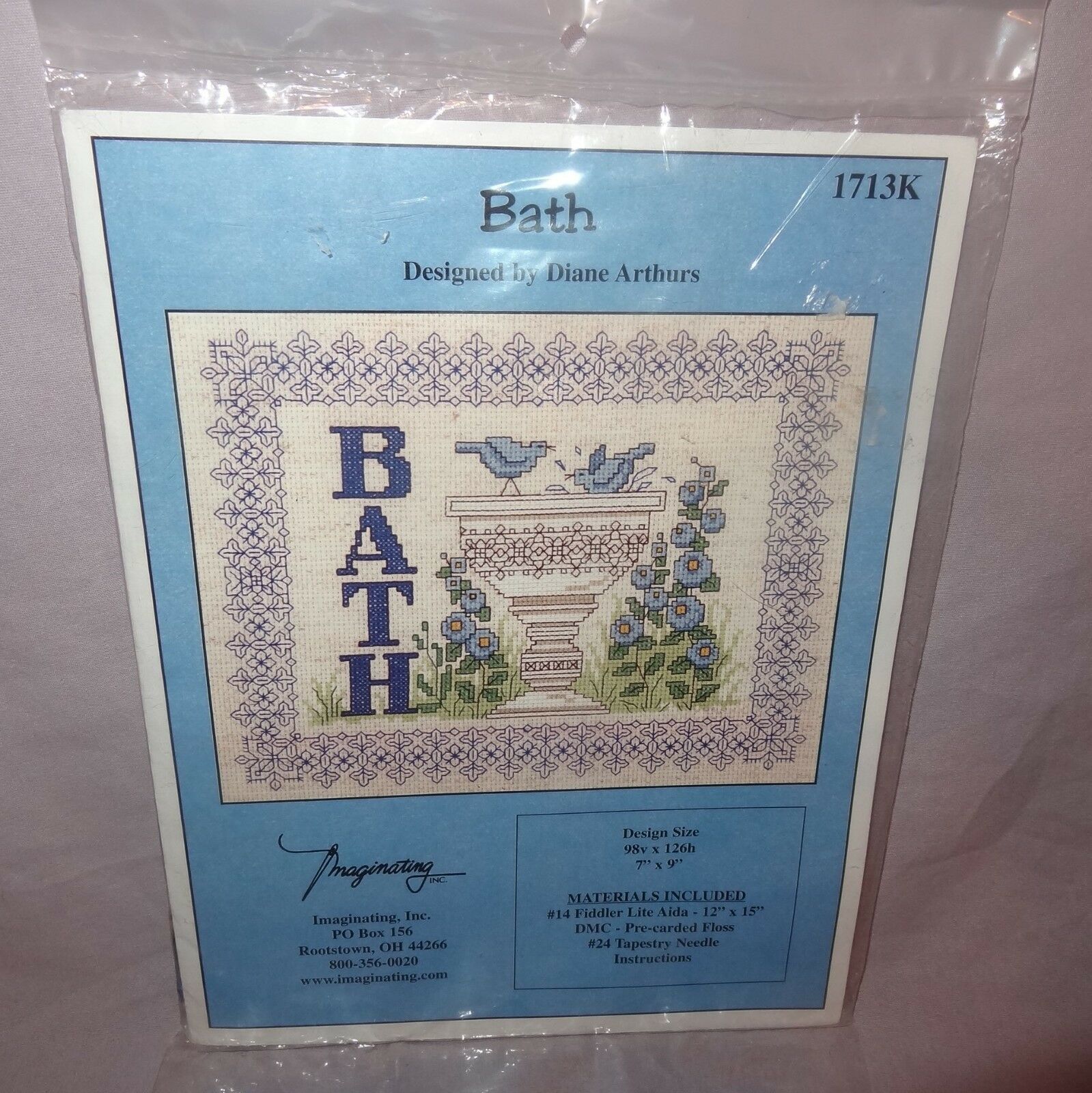 Bath Bird Cross Stitch Kit Diane Arthurs Imaginating Blue Flowers 1713K 2003 New - $17.89