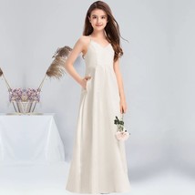 A-line V-Neck Floor-Length Satin Junior First Communion Bridesmaid Dresses Ivory - £129.49 GBP