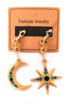 New on the card Fashion Jewelry Earrings Gold Tone Crystals Half Moon and Star - £7.93 GBP