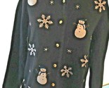 Women’s Crystal Kobe Christmas Cardigan Blk Gold Button Snowman Ugly M S... - $5.89