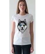 SBASE Basic  White T-Shirt Crew Neck  Animal Print Siberian Husky Cotton... - $27.98