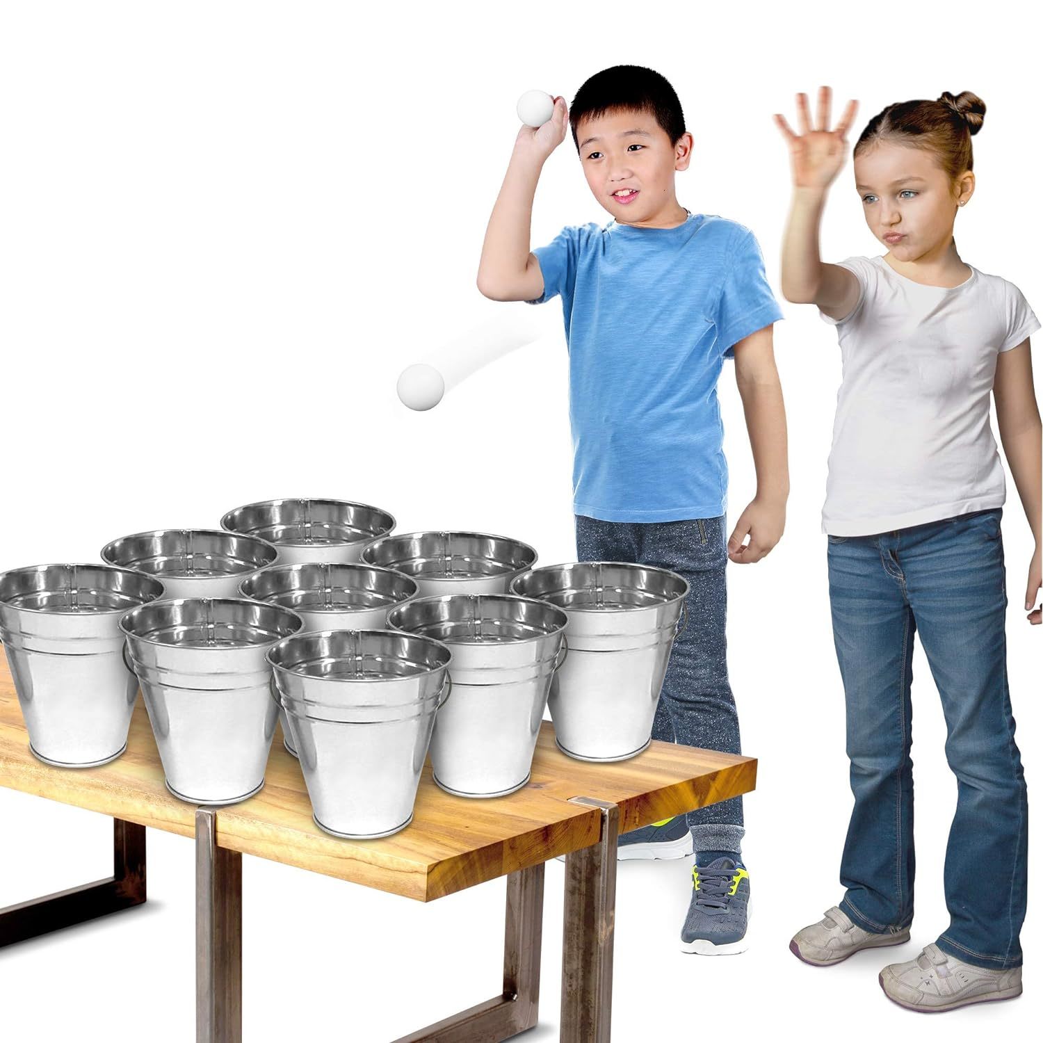 Bucket Ping Pong Ball Game Includes 9 Metal Buckets, 12 Balls, And 1