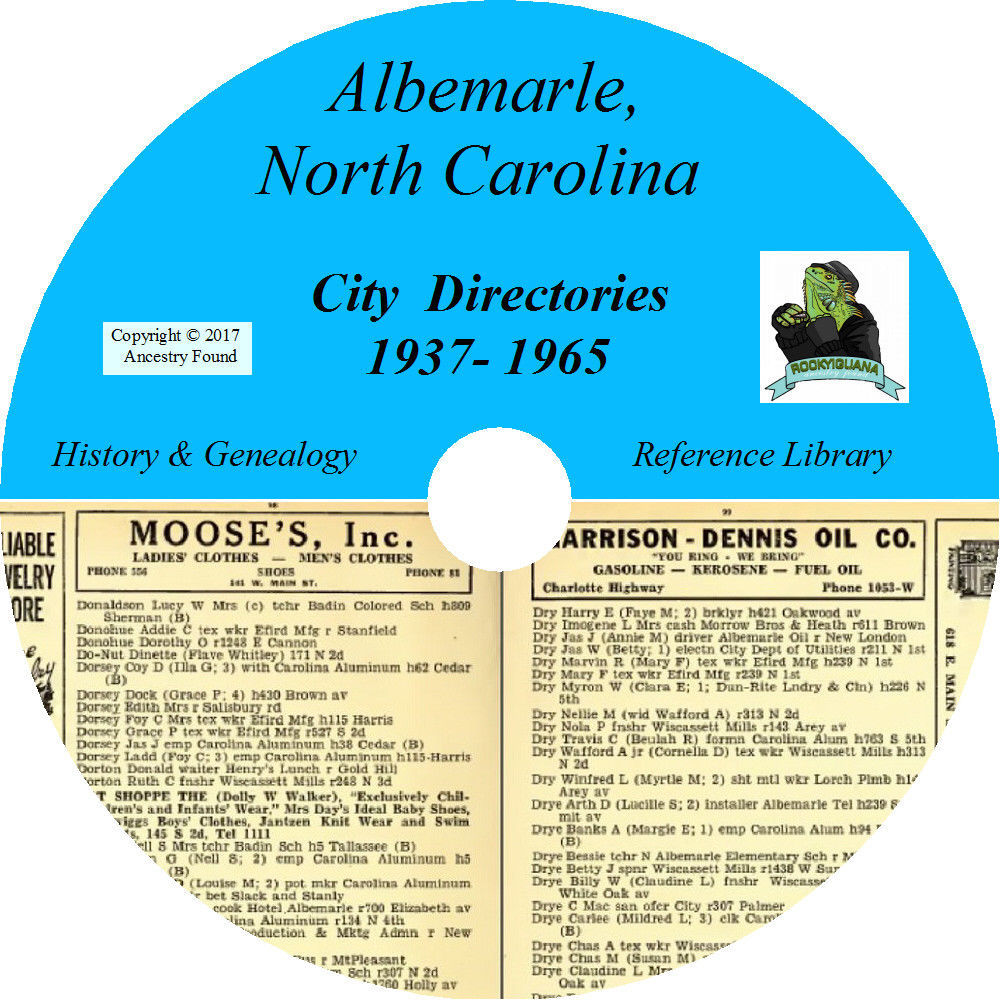 ALBEMARLE North Carolina CITY DIRECTORY - History Genealogy -14 Books on CD DVD