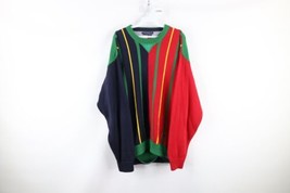 Vtg 90s Tommy Hilfiger Mens Large Faded Rainbow Striped Knit Crewneck Sweater - £46.57 GBP