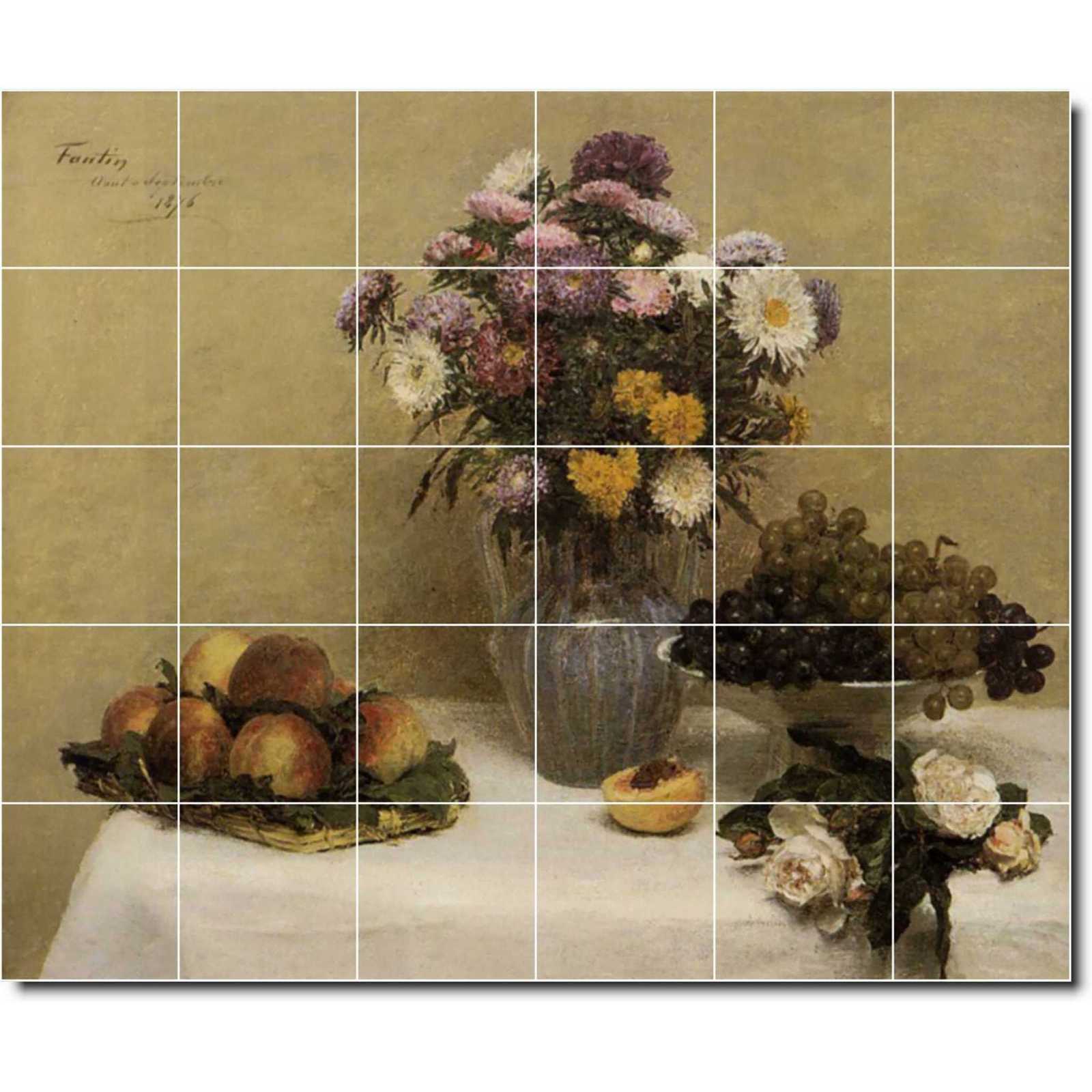 Henri white roses chrysanthemums in a vase peaches and grapes on a table with a white tablecloth