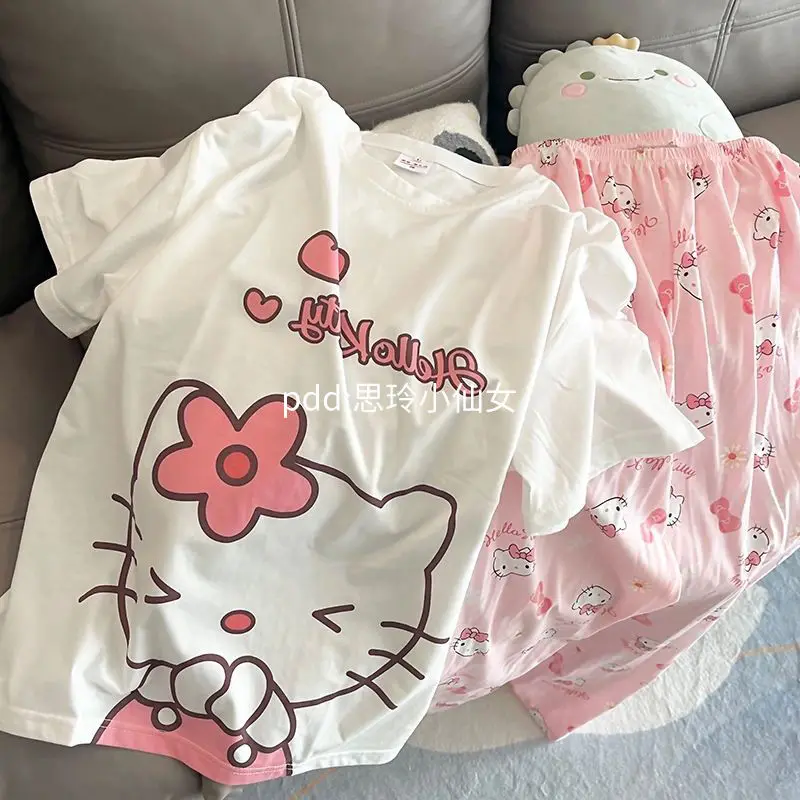 Hello Kitty Sanrio Kawaii Cute Cartoon Kt Cat Pajamas Female Summer Days New - £16.08 GBP