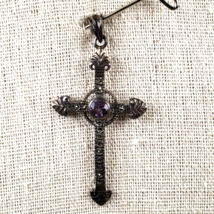 Vintage 1970'S  Italian SU 925 Crucifix Amethyst Gemstone Marcasite Pendant - $48.27