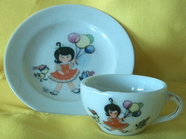 Child&#39;s Tea Setting ~ Red Dress Girl, Cup &amp; Saucer, Japan Circa 1960s ~ Figurine - £15.90 GBP
