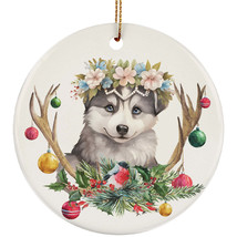 Funny Siberian Husky Puppy Dog Deer Anlters Christmas Ornament Ceramic Gift - £11.83 GBP