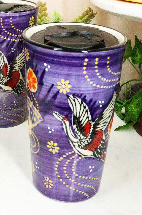 Purple Japanese Crane & Florals Ceramic Travel Mug Cup 14oz With Lid Hot Or Cold