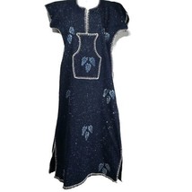 Handmade Navy Blue Thick Bohemian Caftan Embroidered Stitch Leaf Maxi Dress OS - £36.52 GBP