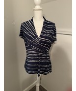 DKNY Womens Navy Striped Print Blouse Shirt Size L Short Sleeve NWOT - $231.51 MXN