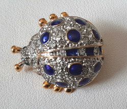 Bug Insect Pin Brooch Round Crystal and Navy Blue Rhinestones Gold Tone Setting - £15.04 GBP