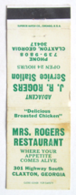 Mrs. Rogers Restaurant - Claxton, Georgia Matchbook Cover Rogers Service Station - £1.36 GBP
