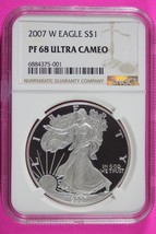 2007 W PF 68 Silver American Eagle Deep Cameo Authentic Proof Coin NGC Slab 1049 - $1,451.93 MXN