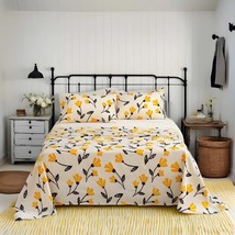 Yellow Fleur Golden Orange Floral Ivory Fitted And Flat Bed Sheets Set - $1,611.18 MXN - $1,827.95 MXN
