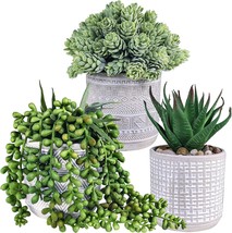 Set Of 3 Fake Aloe String Of Pearls Hops Succulents In Gray Geometric Concrete - £27.44 GBP