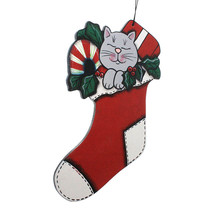 Painted Wood 7.5 inch Cat in Stocking Christmas Ornament Wall Decor Gift Tag - £3.39 GBP