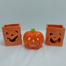 Trio of Ceramic Halloween Pumpkin Candle Holders -  Jack-o-lantern - £12.69 GBP