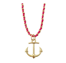 Nautical Gold Anchor Pendant Pink Ribbon Woven Chain 19 Inches plus Exte... - $9.49