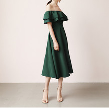 Dark Green A Line Off Shoulder Tea Dress Custom Plus Size Wedding Guest Dress image 2