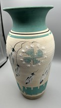 Pottery Vase Mark Nowak Signed Artist Aqua Blue White Bug Hand Painted NA 13&quot; - £117.20 GBP