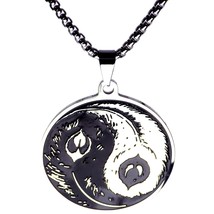 Feather Yin Yang Necklace Black Silver Stainless Steel Spiritual Peacock Amulet - £16.01 GBP