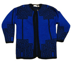 VTG Priscilla Women L Blue Black Single Button Wool Knit Cardigan Sweater Jacket - £29.14 GBP