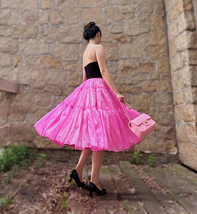 Hot Pink Fluffy Satin Midi Skirt Outfit Women A-line Plus Size Satin Prom Skirt image 3