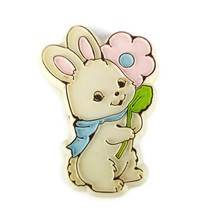 Vintage BUNNY Pin White RABBIT Hallmark Pink Flower Holiday Brooch Smile Easter - £10.34 GBP