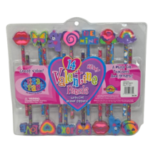 LISA FRANK 14 VALENTINE PENCILS W ERASER TOPPERS NEW IN PACKAGE HEART BE... - $57.00