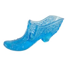 Vtg Degenhart Button Daisy Bow Ice Blue Turquoise Art Glass Slipper Shoe UV Glow - £15.99 GBP