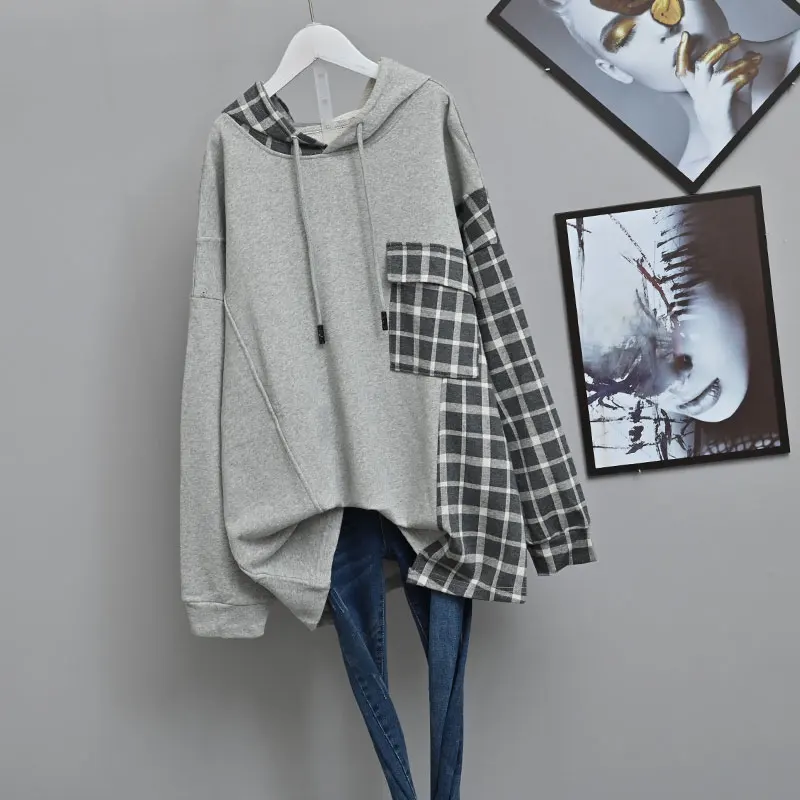  Womens Plus Size Pullover Hoodie Loose Stitching Plaid Hooded Top Button Collar - £128.94 GBP