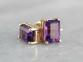 3Ct Emerald Cut Simulated Amethyst Stud Earrings Gold Plated 925 Silver  - £3.11 GBP