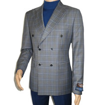 Men's Mono Double Breasted Blazer Super 180s Wool 1523-01 Gray Blue Plaid image 3