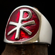 Excellent Sterling Silver Mens Ring Christian Monogram Chi Rho PX Red - £42.53 GBP
