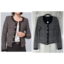 White House Black Market Crop Sweater Jacket Black White Boucle Tweed Small - £47.45 GBP