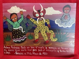 Mexican Folk Art Devil Jaguar Dancer Attacks Woman Painted Tin Ex Voto R... - $40.00