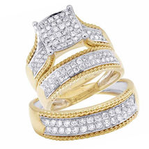 14K Yellow Gold Over Real 925 Silver Diamond Trio Wedding Engagement Ring Set - £105.15 GBP