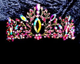 Rhinestone Crystal Tiara, AB Crown Tiara, Statement Pageant Jewelry, Head Band J - £51.77 GBP