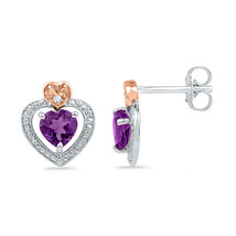 10k White Gold Womens Round Lab-Created Amethyst Heart Earrings .01 Cttw - £95.70 GBP
