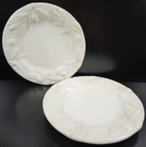 (2) Williams Sonoma Tuscan Olive Luncheon Plates Set Cream Embossed Dishes Italy - £54.18 GBP