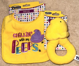 An item in the Baby category: Yellow Easter Baby Bib “Chillin’ With My Peeps” & Plush Chick Baby Rattle NEW